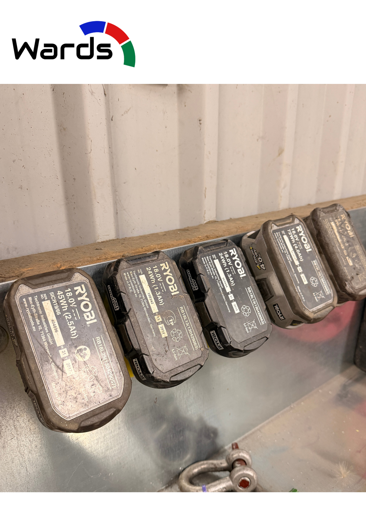 Ryobi compatible battery holder mounted in a workshop