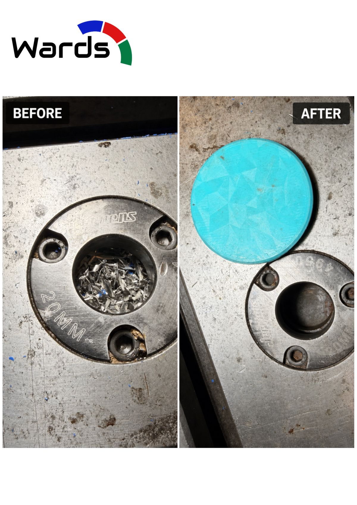 CNC machine bed before and after fitting hole plugs