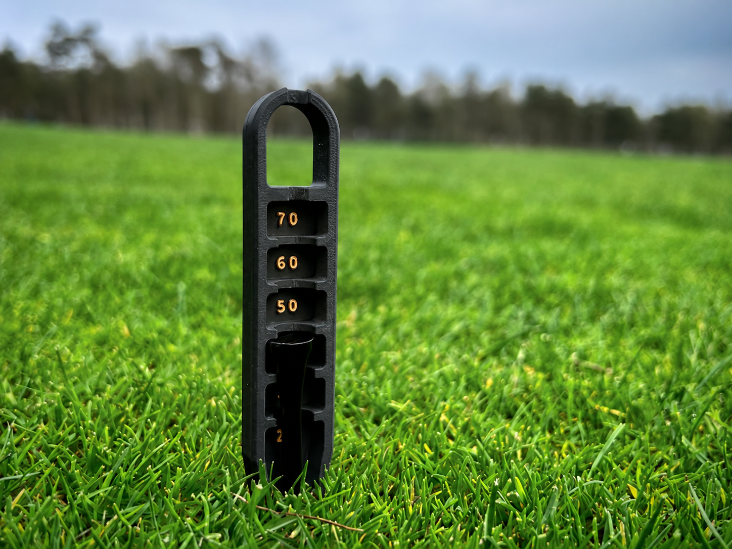 Black Golf Tee Elevator with bronze markings standing upright on grass