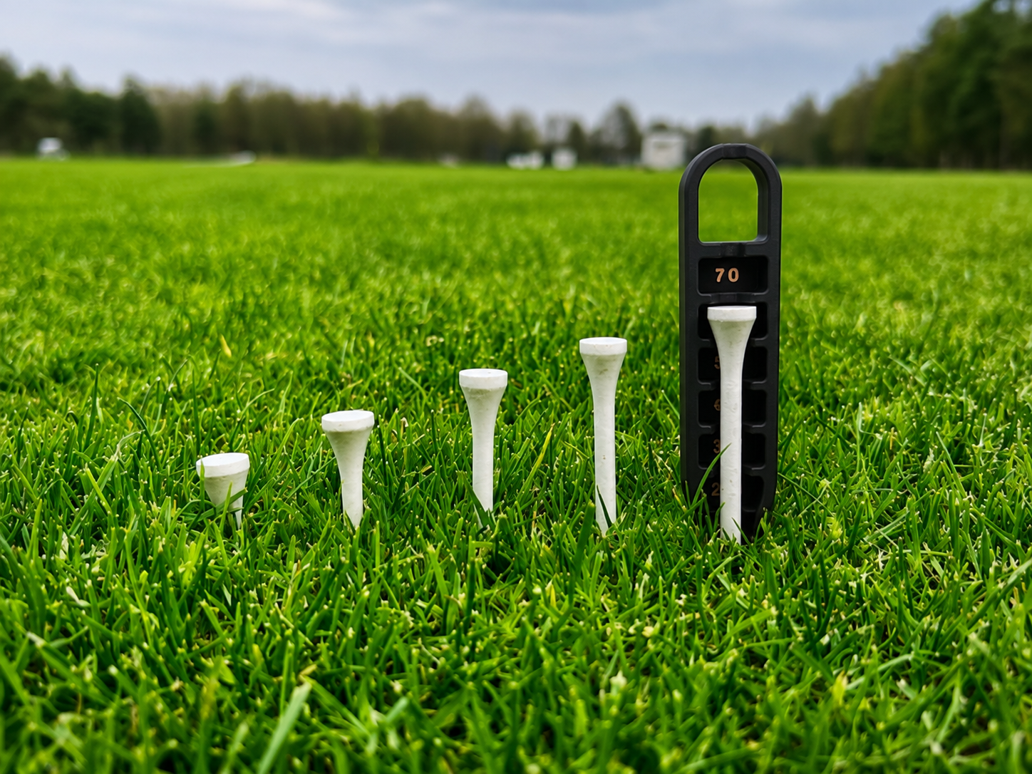 Black Golf Tee Elevator with bronze markings shown beside golf tees on grass