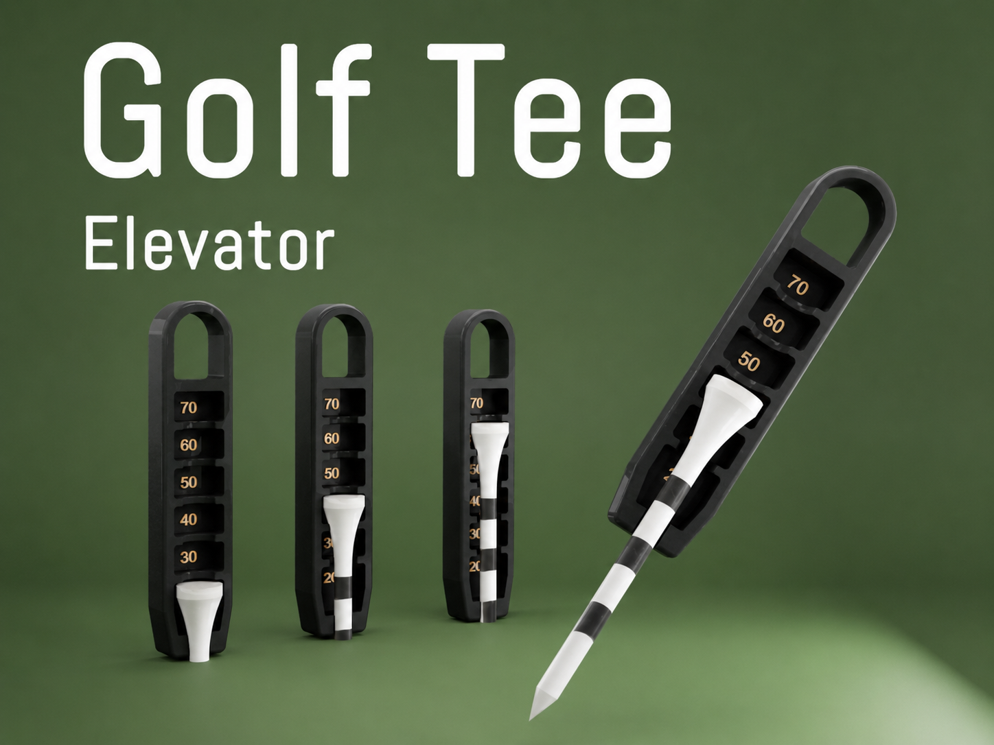 Golf Tee Elevator in black with bronze height markings and white golf tee