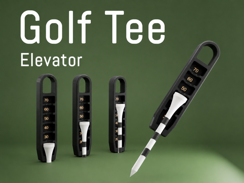 Golf Tee Elevator in black with bronze height markings and white golf tee
