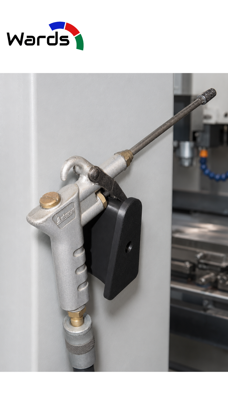 Magnetic air blow gun holder mounted to a machine cabinet with an air gun stored in it