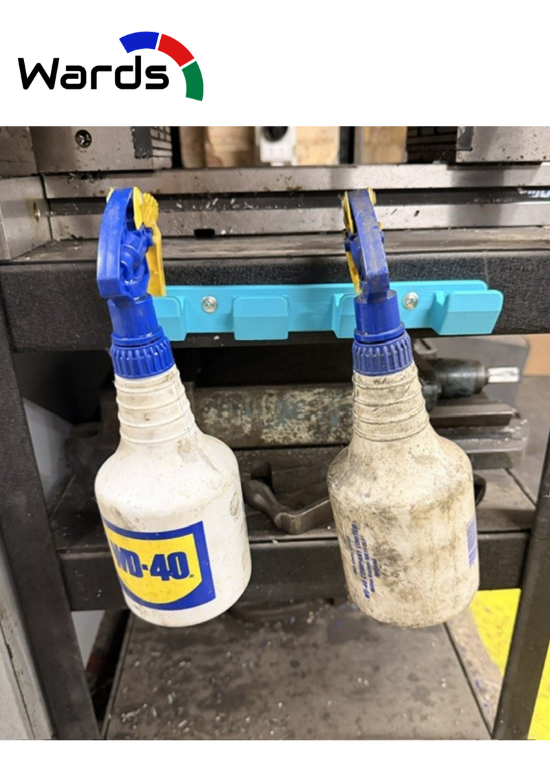 Wall-mounted four-slot trigger spray bottle holder holding two workshop spray bottles