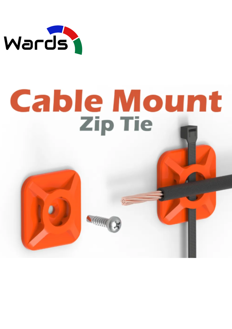 Orange screw-fixed zip-tie cable mounts securing electrical cable